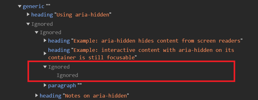 Chrome accessibility tree view showing the link element as an ignored node